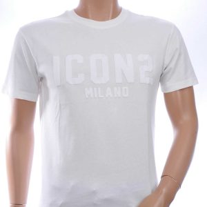 ICON2 Trendy Ronde Hals T-Shirt met 3D ICON2 MILANO Letters Print – Wit