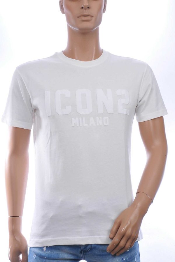 ICON2 Trendy Ronde Hals T-Shirt met 3D ICON2 MILANO Letters Print – Wit