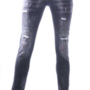 ICON2, Dsquared2, Hippe, Gescheurde, Slim-Fit, Stretch, Heren Jeans, met Verfspatten, Zwart