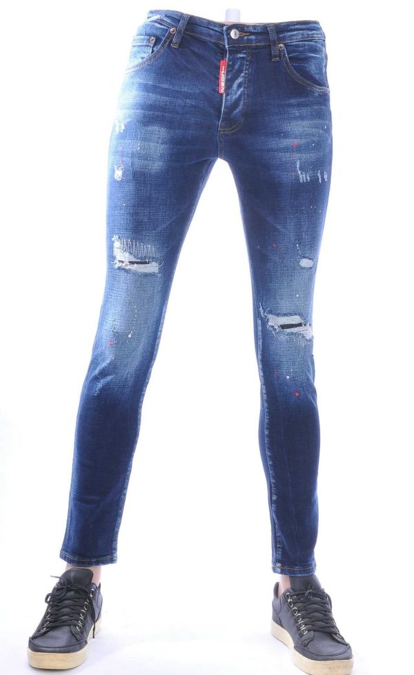 ICON2, dsquared2, Hippe, Gescheurde, Slim-Fit, Stretch, Heren Jeans, met Verfspatten, Donkerblauw