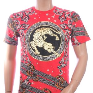 LES DESIGNERS, Versace, Trendy, Heren T-Shirt, met Panterprint, met Steentjes, – Rood