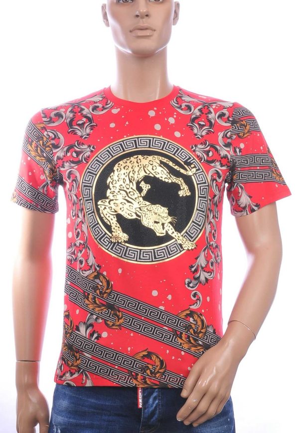 LES DESIGNERS, Versace, Trendy, Heren T-Shirt, met Panterprint, met Steentjes, – Rood