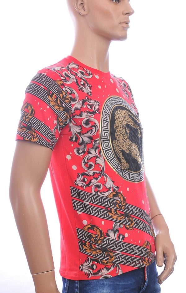 LES DESIGNERS, Versace, Trendy, Heren T-Shirt, met Panterprint, met Steentjes, – Rood