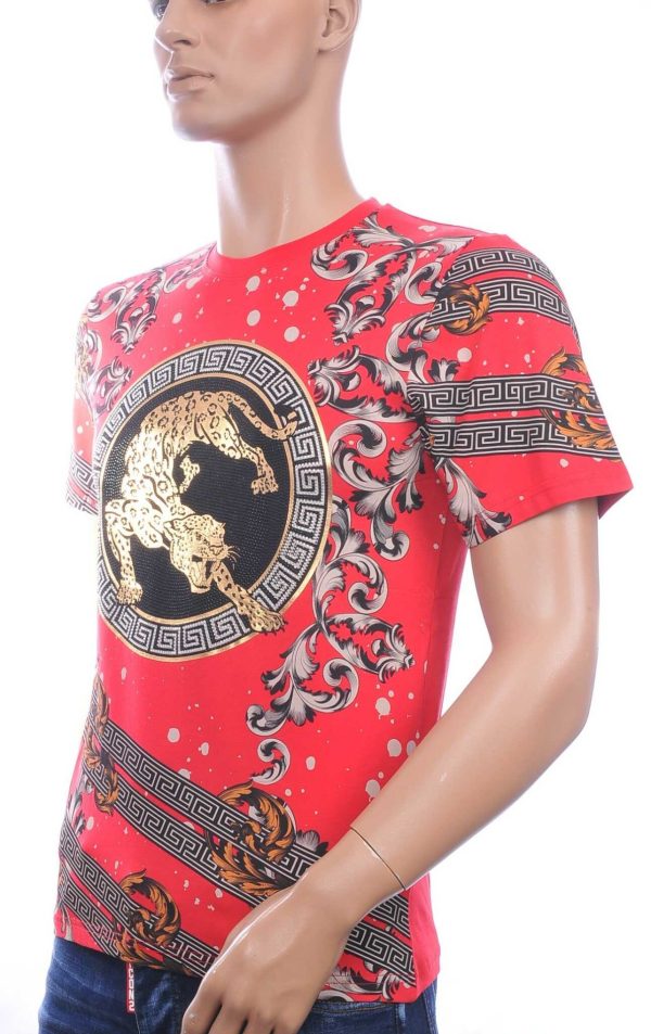 LES DESIGNERS, Versace, Trendy, Heren T-Shirt, met Panterprint, met Steentjes, – Rood