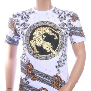 LES DESIGNERS, Versace, Trendy, Heren T-Shirt, met Panterprint, met Steentjes, – Wit