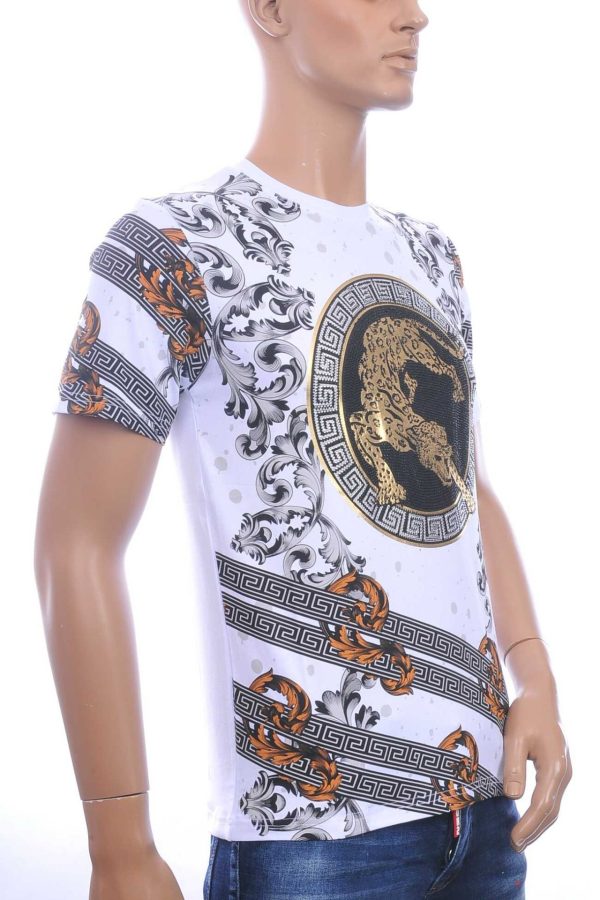 LES DESIGNERS, Versace, Trendy, Heren T-Shirt, met Panterprint, met Steentjes, – Wit