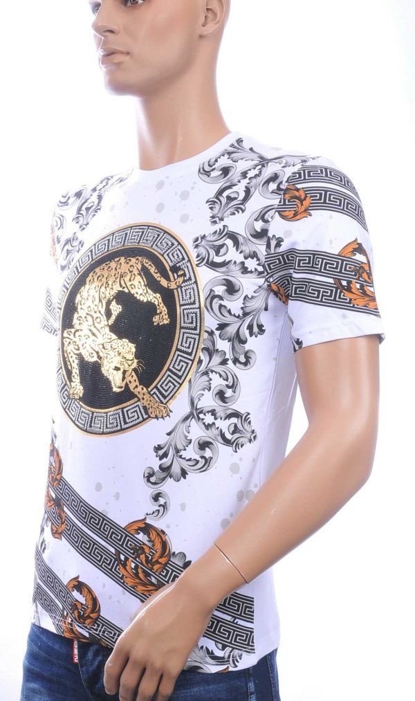 LES DESIGNERS, Versace, Trendy, Heren T-Shirt, met Panterprint, met Steentjes, – Wit