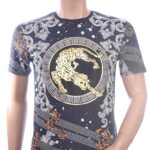 LES DESIGNERS, Versace, Trendy, Heren T-Shirt, met Panterprint, met Steentjes, – Zwart