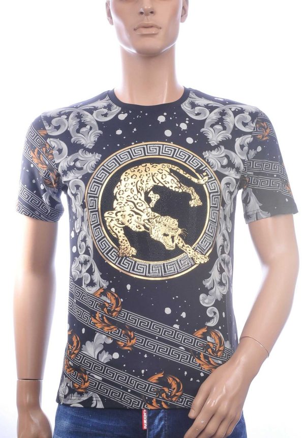 LES DESIGNERS, Versace, Trendy, Heren T-Shirt, met Panterprint, met Steentjes, – Zwart