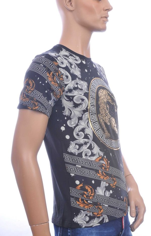 LES DESIGNERS, Versace, Trendy, Heren T-Shirt, met Panterprint, met Steentjes, – Zwart