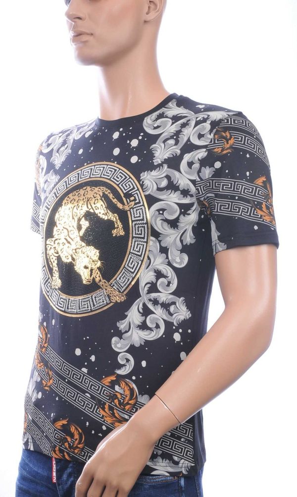 LES DESIGNERS, Versace, Trendy, Heren T-Shirt, met Panterprint, met Steentjes, – Zwart