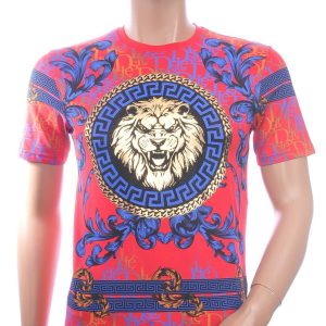 LES DESIGNERS Ronde Hals T-Shirt met Leeuwenkop en Steentjes – Rood
