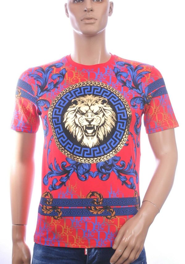 LES DESIGNERS Ronde Hals T-Shirt met Leeuwenkop en Steentjes – Rood