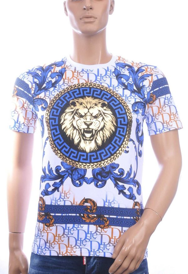 LES DESIGNERS Ronde Hals T-Shirt met Leeuwenkop en Steentjes – Wit