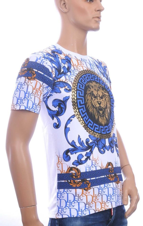 LES DESIGNERS Ronde Hals T-Shirt met Leeuwenkop en Steentjes – Wit