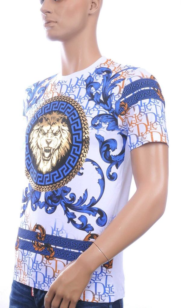LES DESIGNERS Ronde Hals T-Shirt met Leeuwenkop en Steentjes – Wit