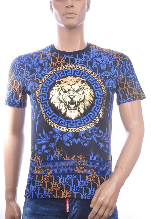 LES DESIGNERS Ronde Hals T-Shirt met Leeuwenkop en Steentjes – Zwart