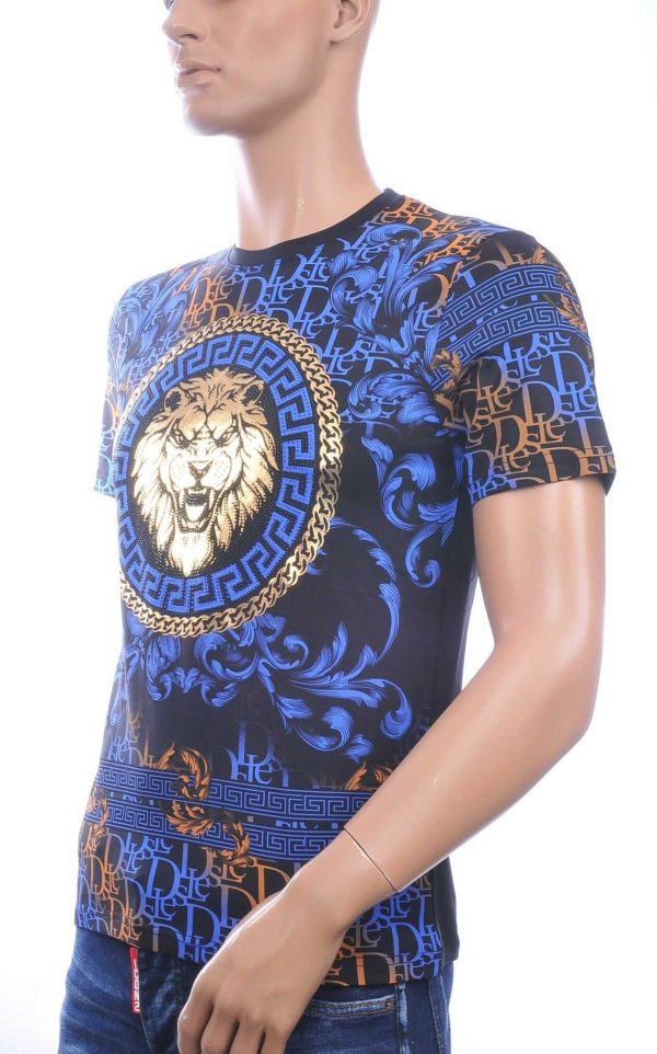 LES DESIGNERS Ronde Hals T-Shirt met Leeuwenkop en Steentjes – Zwart
