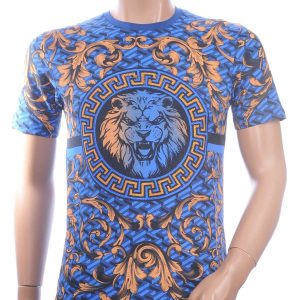 LES DESIGNERS, Versace, Ronde Hals T-Shirt, met Leeuwenkop, met Steentjes, – Blauw
