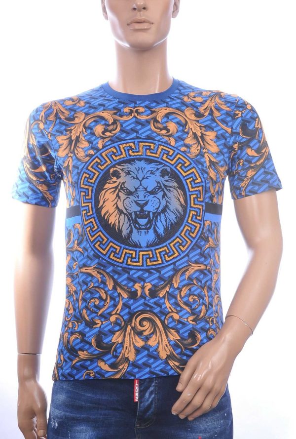 LES DESIGNERS, Versace, Ronde Hals T-Shirt, met Leeuwenkop, met Steentjes, – Blauw