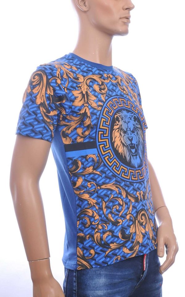 LES DESIGNERS, Versace, Ronde Hals T-Shirt, met Leeuwenkop, met Steentjes, – Blauw
