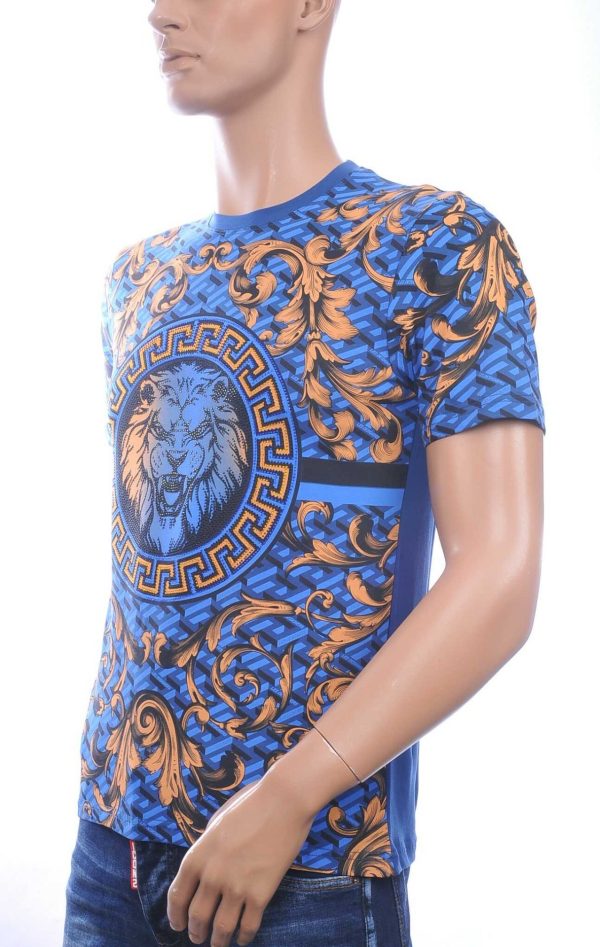 LES DESIGNERS, Versace, Ronde Hals T-Shirt, met Leeuwenkop, met Steentjes, – Blauw