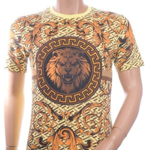 LES DESIGNERS, Versace, Ronde Hals T-Shirt, met Leeuwenkop, met Steentjes, – Geel