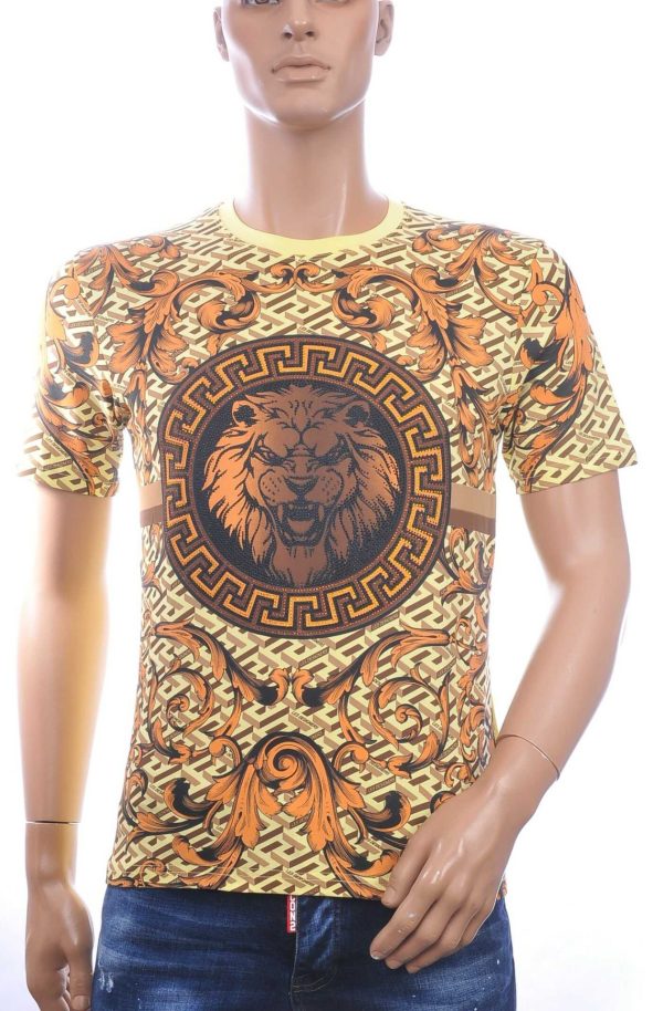 LES DESIGNERS, Versace, Ronde Hals T-Shirt, met Leeuwenkop, met Steentjes, – Geel