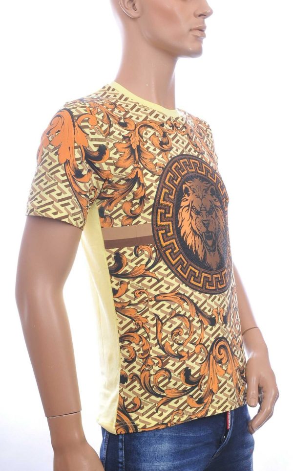 LES DESIGNERS, Versace, Ronde Hals T-Shirt, met Leeuwenkop, met Steentjes, – Geel