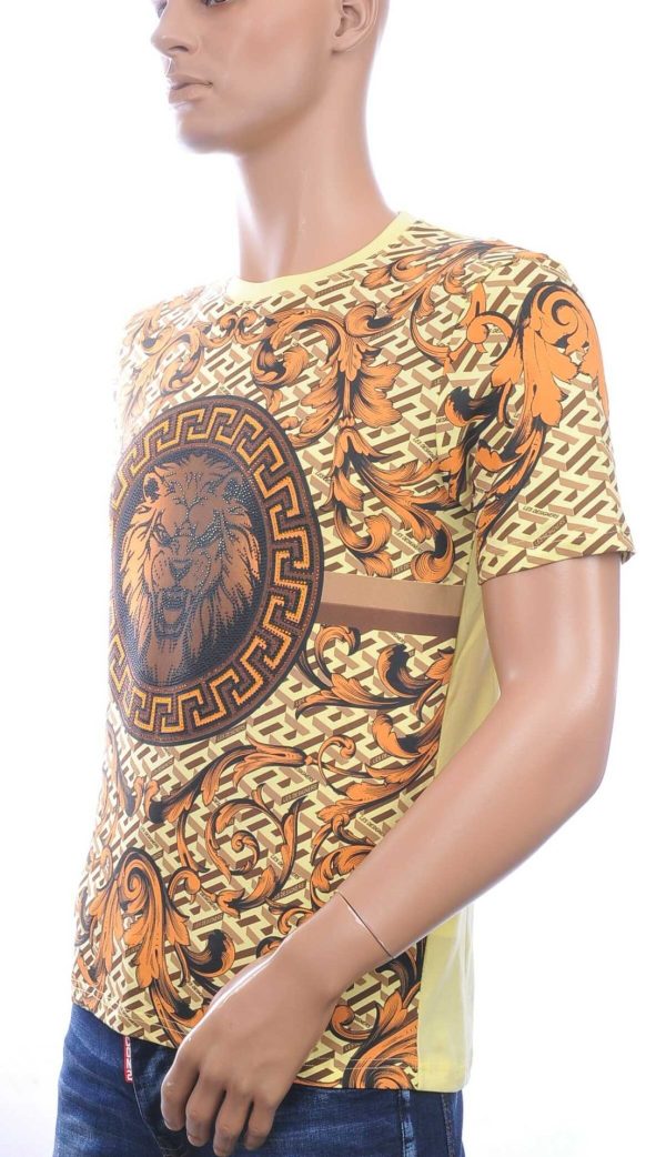 LES DESIGNERS, Versace, Ronde Hals T-Shirt, met Leeuwenkop, met Steentjes, – Geel