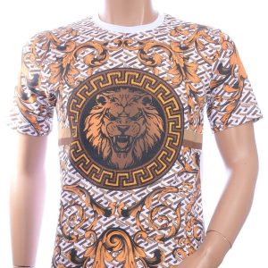 LES DESIGNERS, Versace, Ronde Hals T-Shirt, met Leeuwenkop, met Steentjes, – Wit