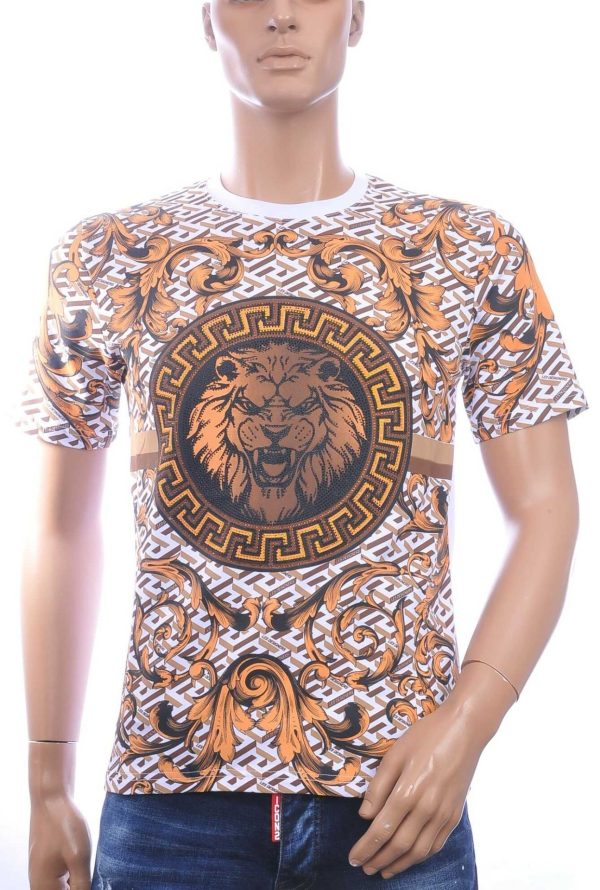 LES DESIGNERS, Versace, Ronde Hals T-Shirt, met Leeuwenkop, met Steentjes, – Wit