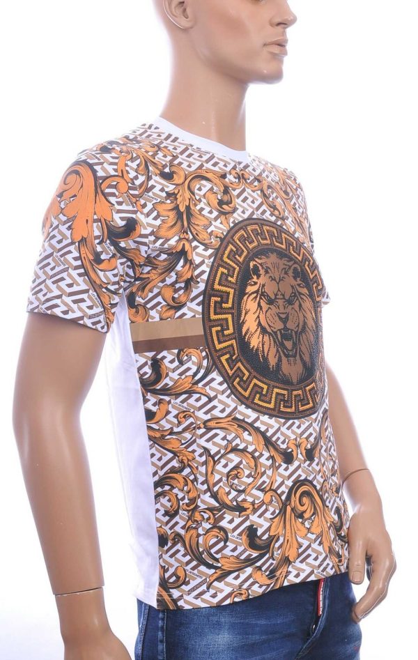 LES DESIGNERS, Versace, Ronde Hals T-Shirt, met Leeuwenkop, met Steentjes, – Wit