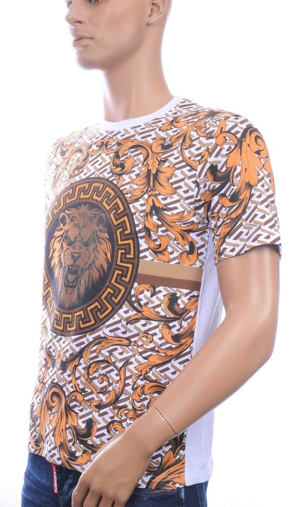 LES DESIGNERS, Versace, Ronde Hals T-Shirt, met Leeuwenkop, met Steentjes, – Wit