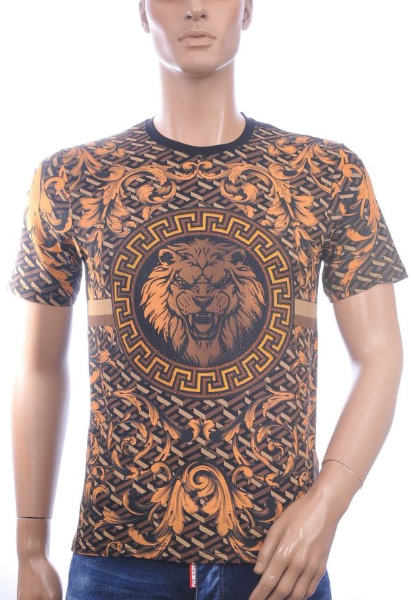 LES DESIGNERS, Versace, Ronde Hals T-Shirt, met Leeuwenkop, met Steentjes, – Zwart