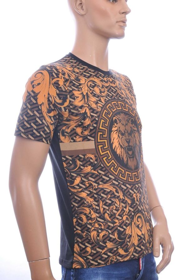 LES DESIGNERS, Versace, Ronde Hals T-Shirt, met Leeuwenkop, met Steentjes, – Zwart