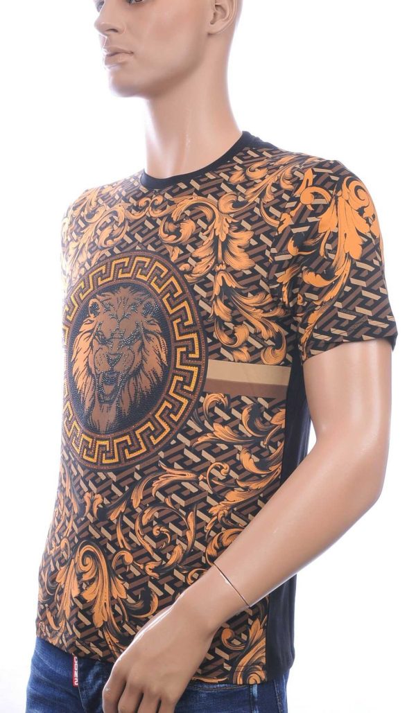 LES DESIGNERS, Versace, Ronde Hals T-Shirt, met Leeuwenkop, met Steentjes, – Zwart