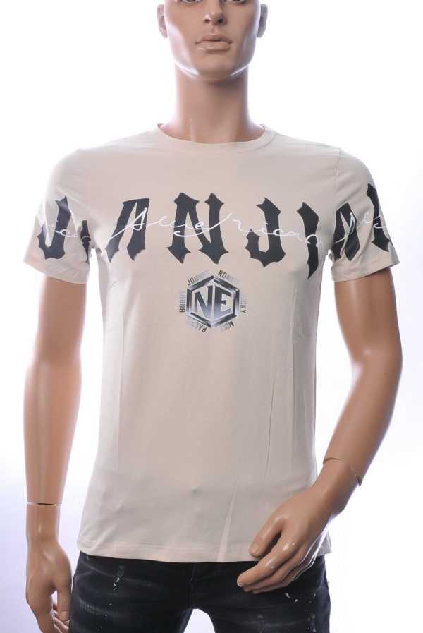 NEW DREAM Trendy ANJI American tekst print Heren T-shirt met Ronde Hals - Beige