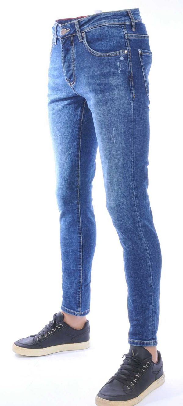 AMSTERDAM PREMIUM Trendy Vintage Wassing Slim Fit Stretch Jeans voor Heren met Contrast Stiksels – Blauw