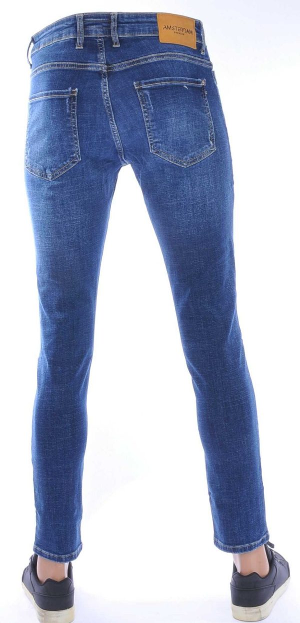 AMSTERDAM PREMIUM Trendy Vintage Wassing Slim Fit Stretch Jeans voor Heren met Contrast Stiksels – Blauw