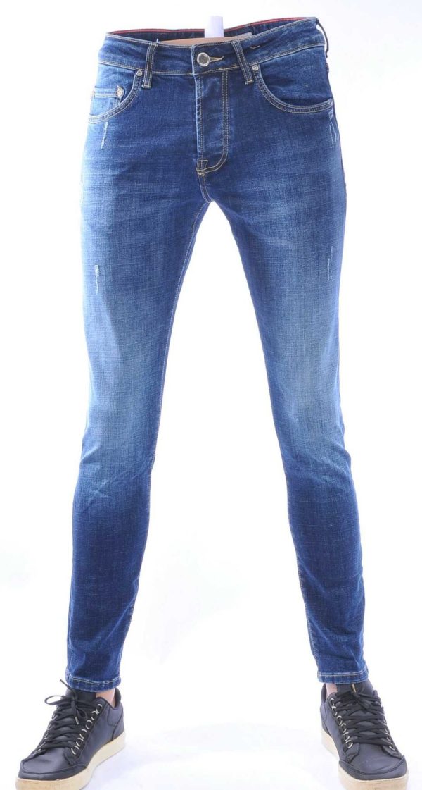 AMSTERDAM PREMIUM Trendy Vintage Wassing Slim Fit Stretch Jeans voor Heren met Contrast Stiksels – Donkerblauw