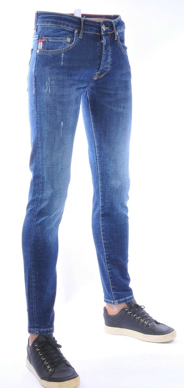AMSTERDAM PREMIUM Trendy Vintage Wassing Slim Fit Stretch Jeans voor Heren met Contrast Stiksels – Donkerblauw