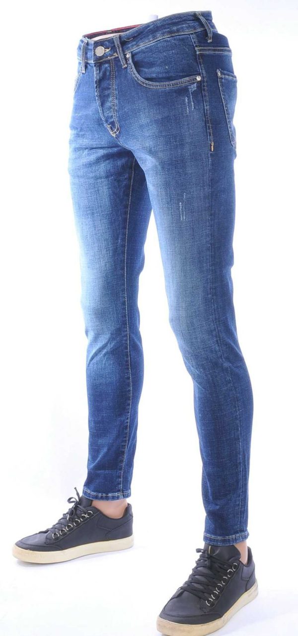 AMSTERDAM PREMIUM Trendy Vintage Wassing Slim Fit Stretch Jeans voor Heren met Contrast Stiksels – Donkerblauw