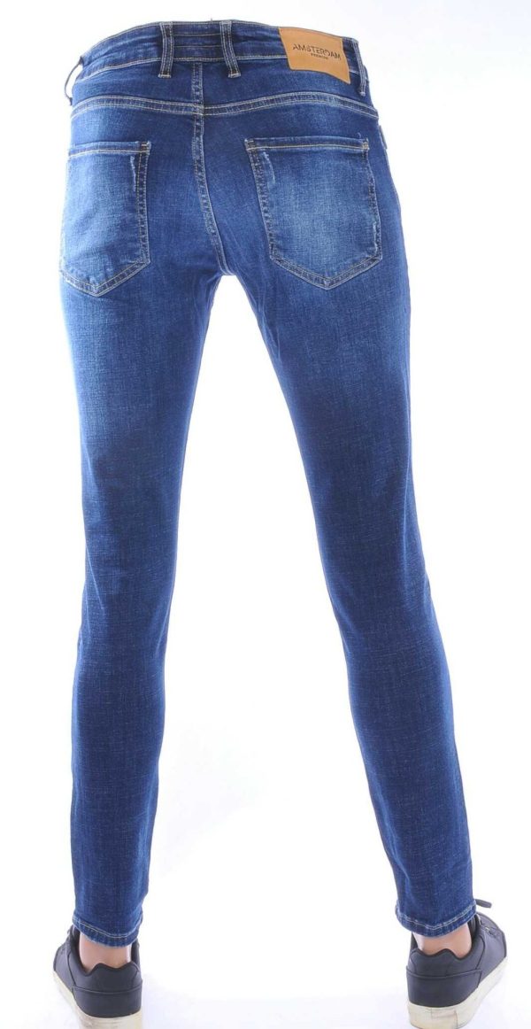 AMSTERDAM PREMIUM Trendy Vintage Wassing Slim Fit Stretch Jeans voor Heren met Contrast Stiksels – Donkerblauw
