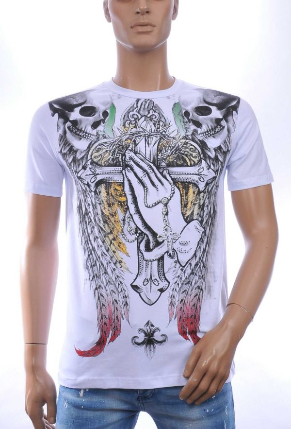 BAXBOY Ronde Hals Heren Skull T-Shirt met Steentjes - Wit