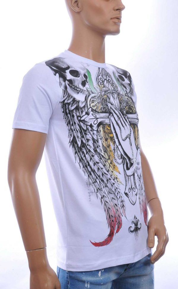 BAXBOY Ronde Hals Heren Skull T-Shirt met Steentjes - Wit