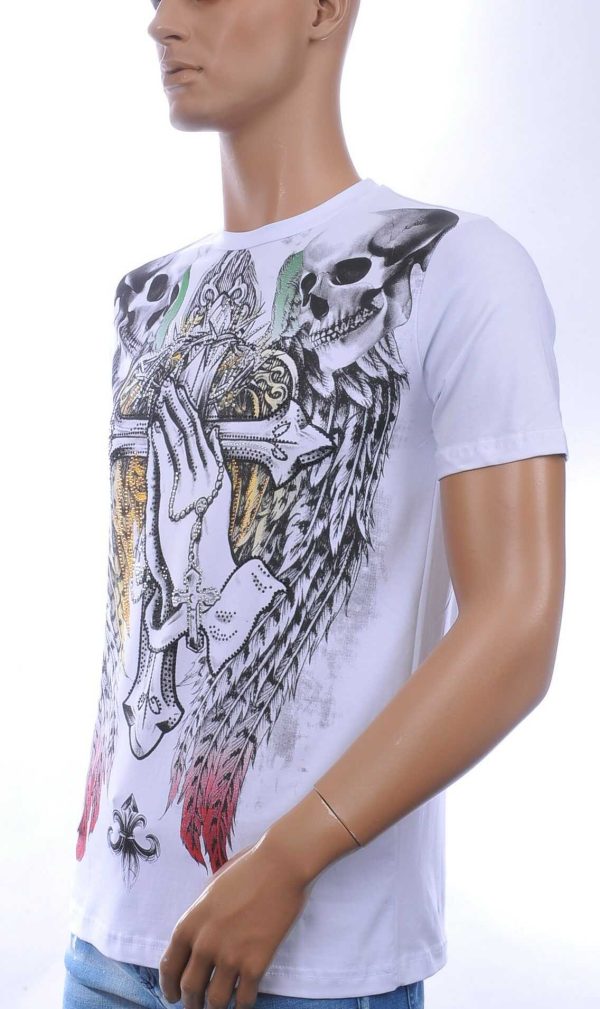 BAXBOY Ronde Hals Heren Skull T-Shirt met Steentjes - Wit