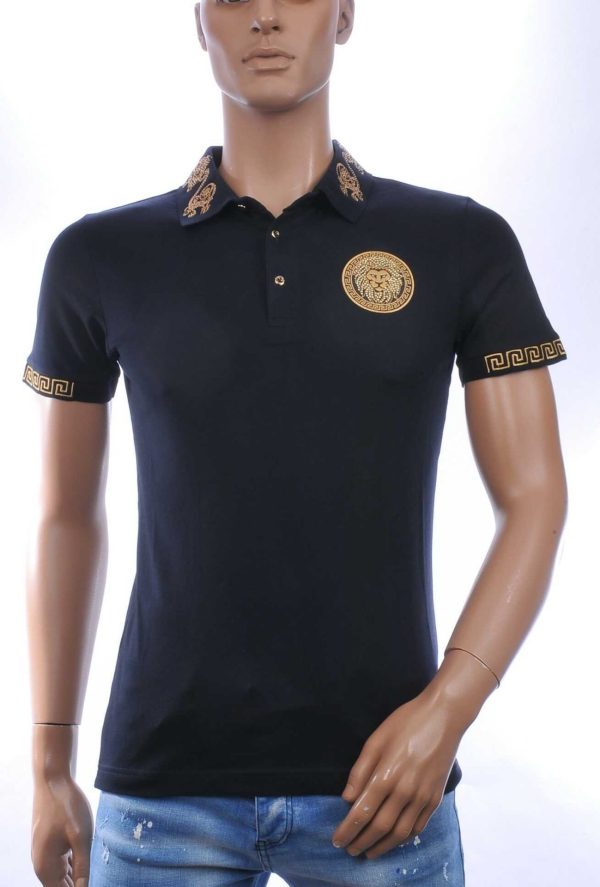 CLUB JU Heren Polo T-shirt met Leeuwenkop Badge met Steentjes – Navy Blauw