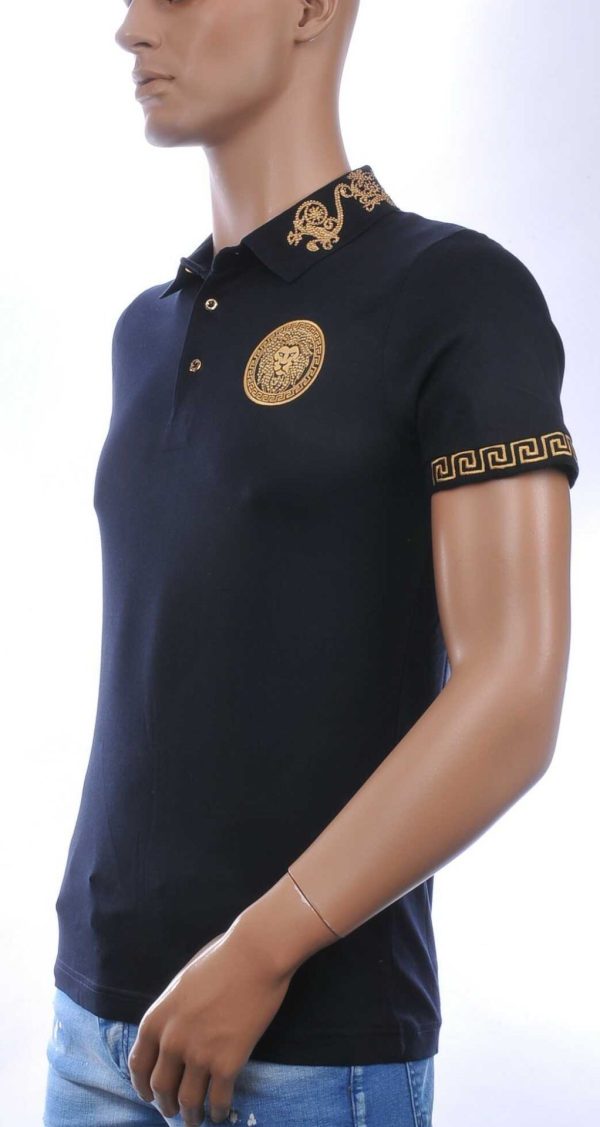CLUB JU Heren Polo T-shirt met Leeuwenkop Badge met Steentjes – Navy Blauw