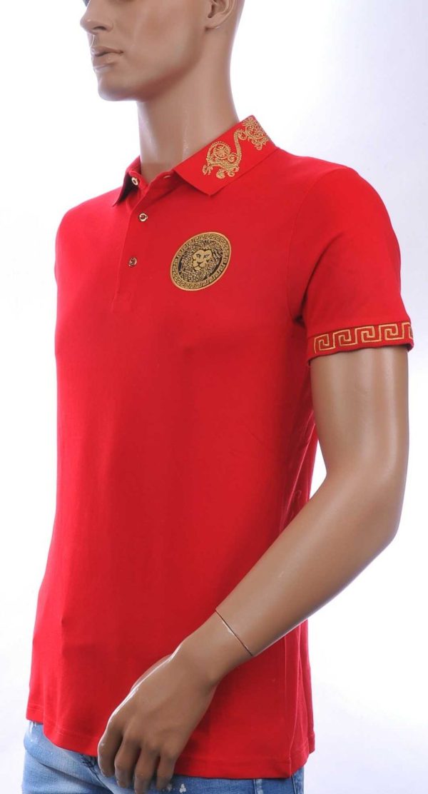 CLUB JU Heren Polo T-shirt met Leeuwenkop Badge met Steentjes – Rood